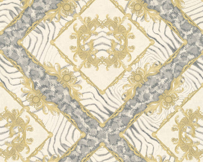 product image of Floral Rhombuses Textured Wallpaper in Cream/Grey/Metallic 519