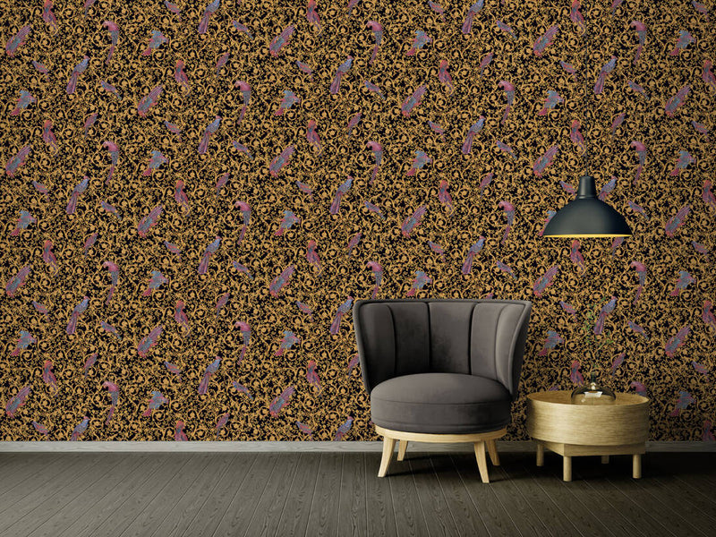 media image for Floral Bird Scrollwork Textured Wallpaper in Black/Gold from the Versace IV Collection 21