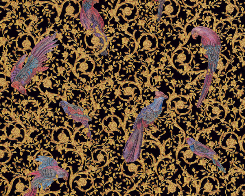 media image for Floral Bird Scrollwork Textured Wallpaper in Black/Gold from the Versace IV Collection 226