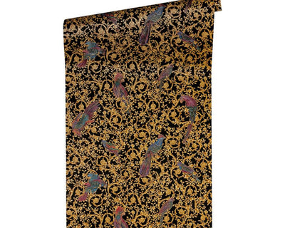 product image for Floral Bird Scrollwork Textured Wallpaper in Black/Gold from the Versace IV Collection 15