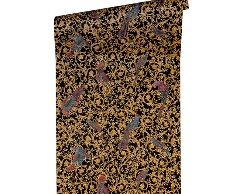 media image for Floral Bird Scrollwork Textured Wallpaper in Black/Gold from the Versace IV Collection 24
