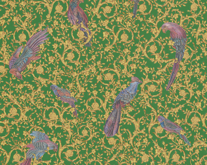 media image for Floral Bird Scrollwork Textured Wallpaper in Green/Gold from the Versace IV Collection 213