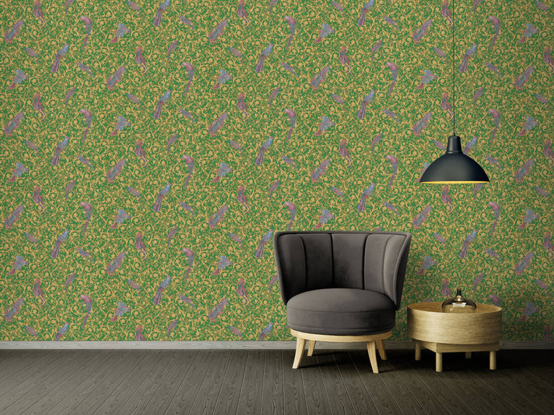 media image for Floral Bird Scrollwork Textured Wallpaper in Green/Gold from the Versace IV Collection 286
