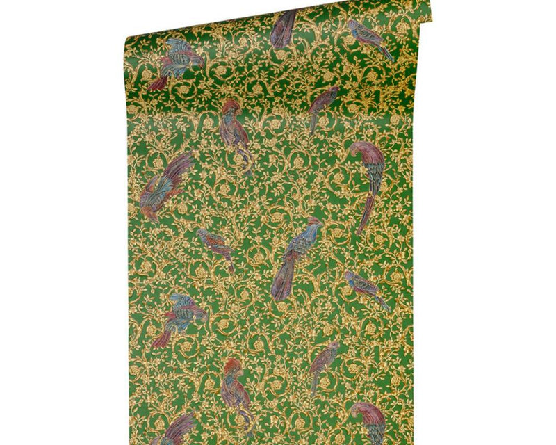 media image for Floral Bird Scrollwork Textured Wallpaper in Green/Gold from the Versace IV Collection 246