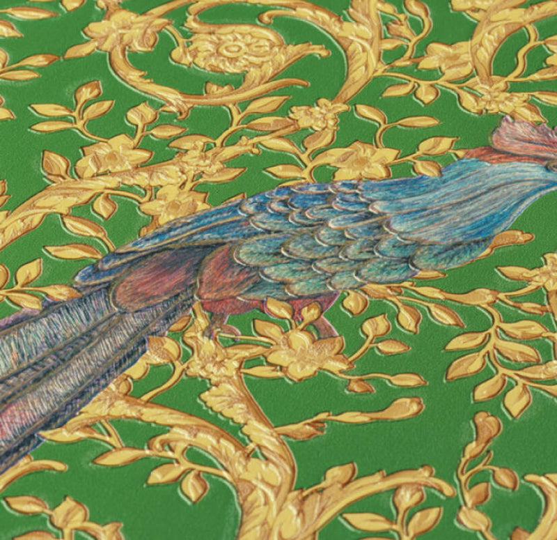 media image for Floral Bird Scrollwork Textured Wallpaper in Green/Gold from the Versace IV Collection 273