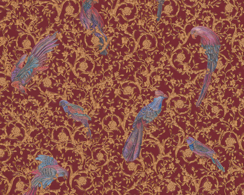 media image for Floral Bird Scrollwork Textured Wallpaper in Red/Gold from the Versace IV Collection 295
