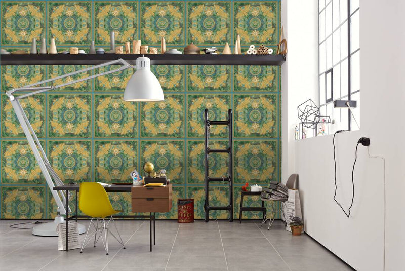 media image for Baroque Ornaments Textured Wallpaper in Green/Multi from the Versace V Collection 220