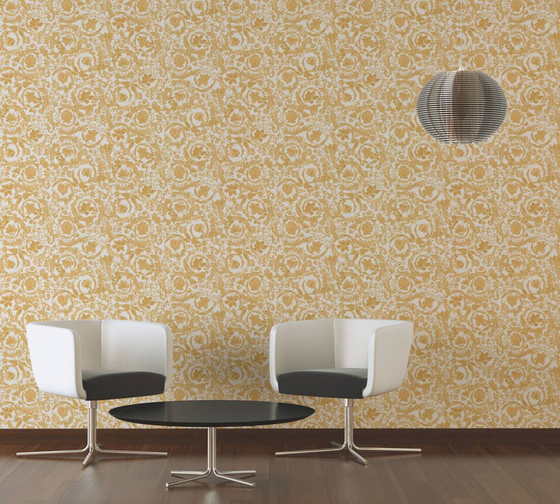 media image for Baroque Damask Textured Wallpaper in Cream/Orange from the Versace V Collection 230