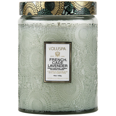 product image of Large Embossed Glass Jar Candle in French Cade Lavender design by Voluspa 523
