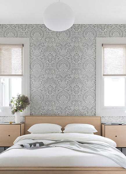 media image for Artemis Platinum Floral Damask Wallpaper from the Lustre Collection by Brewster Home Fashions 282