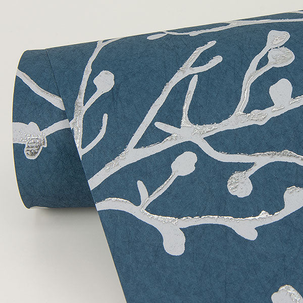 media image for Koura Sapphire Budding Branches Wallpaper from the Lustre Collection by Brewster Home Fashions 266