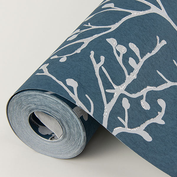 media image for Koura Sapphire Budding Branches Wallpaper from the Lustre Collection by Brewster Home Fashions 216