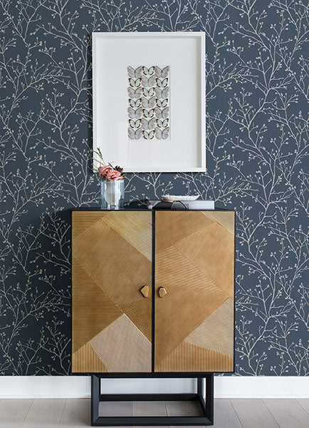 media image for Koura Sapphire Budding Branches Wallpaper from the Lustre Collection by Brewster Home Fashions 280