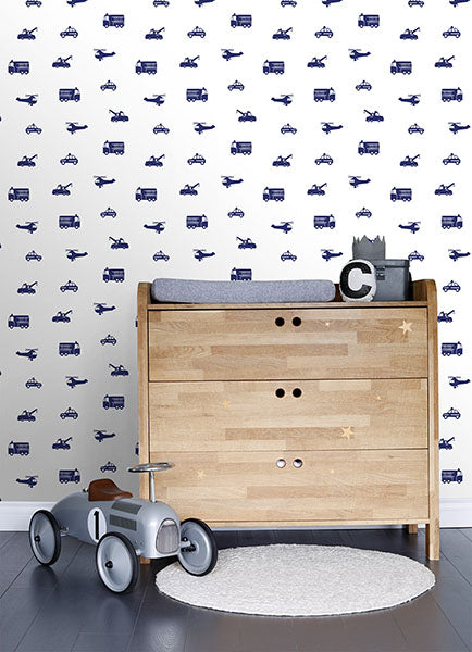media image for Briony Navy Vehicles Wallpaper from the Fable Collection by Brewster 220