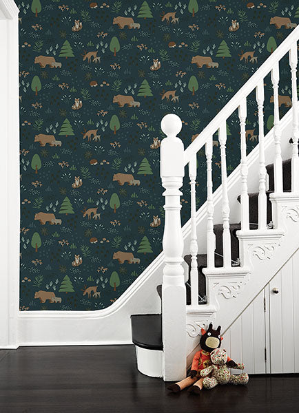 media image for Finola Dark Blue Bears Wallpaper from the Fable Collection by Brewster 218