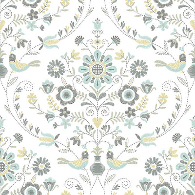 product image of Britt Sea Green Embroidered Damask Wallpaper from Hannah Collection by Brewster 592