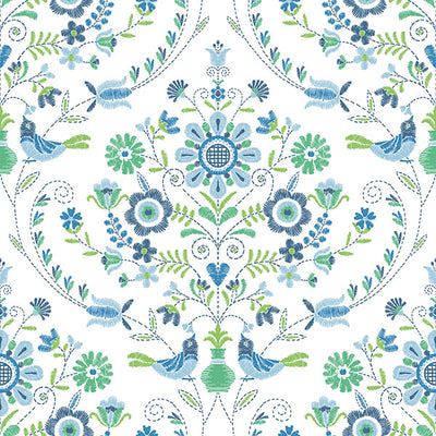 product image for Britt Sapphire Embroidered Damask Wallpaper from Hannah Collection by Brewster 64