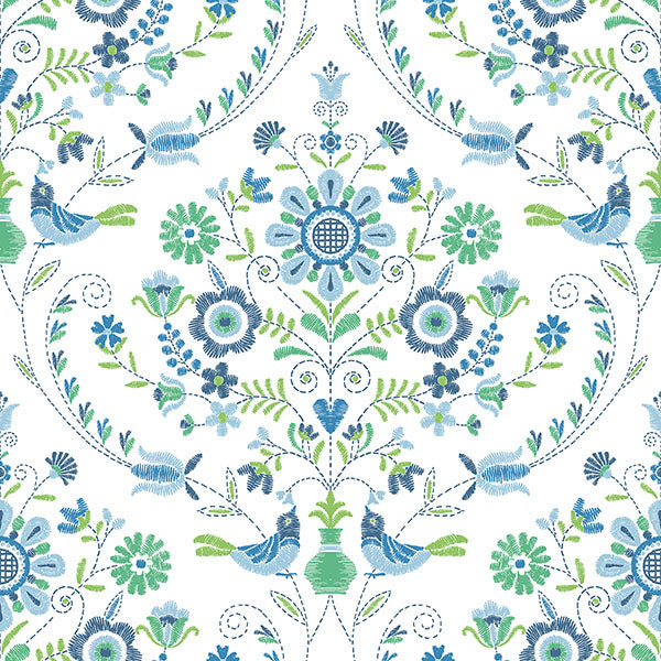 media image for Britt Sapphire Embroidered Damask Wallpaper from Hannah Collection by Brewster 267