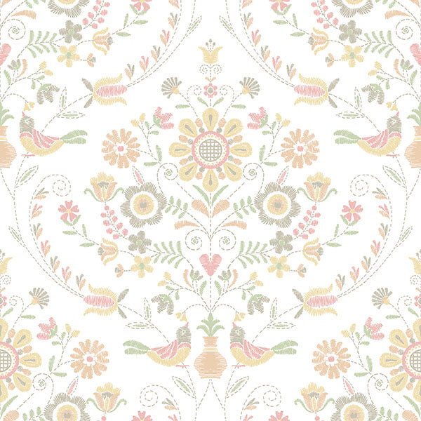 media image for Britt Peach Embroidered Damask Wallpaper from Hannah Collection by Brewster 24