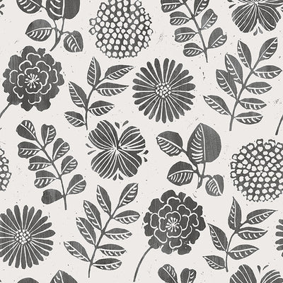 product image of Inge Black Floral Block Print Wallpaper from Hannah Collection by Brewster 525