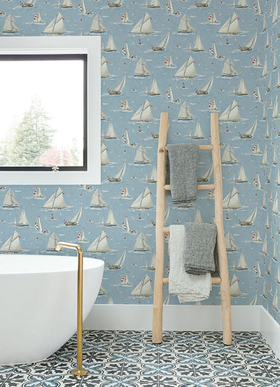 product image for Leeward Light Blue Sailboat Wallpaper 2
