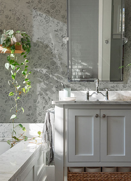 media image for Isidore Grey Scroll Wallpaper from the Delphine Collection by Brewster 220