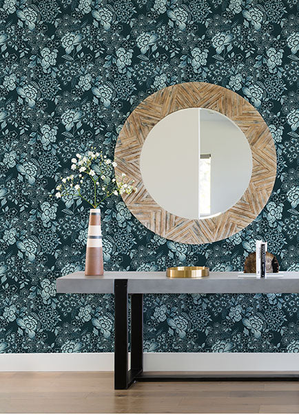 media image for Irina Navy Floral Blooms Wallpaper from the Happy Collection by Brewster 274