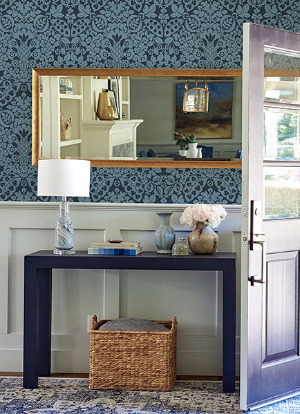 media image for Marni Navy Fruit Damask Wallpaper from the Happy Collection by Brewster 272