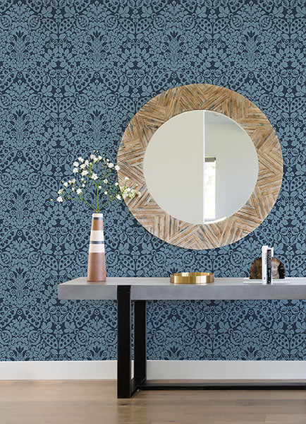 media image for Marni Navy Fruit Damask Wallpaper from the Happy Collection by Brewster 238