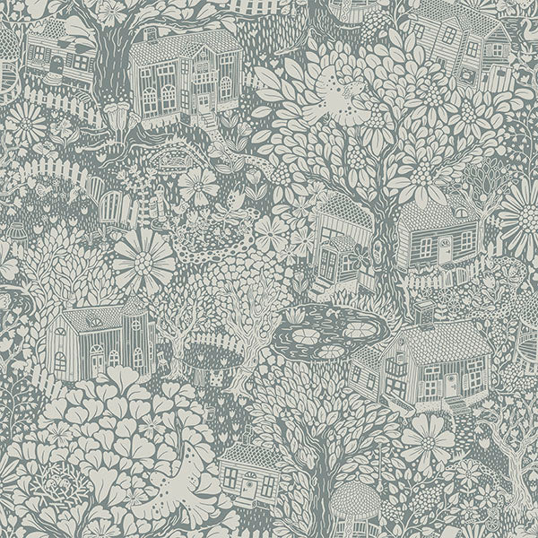 media image for Bygga Bo Blue Woodland Village Wallpaper from Briony Collection by Brewster 247