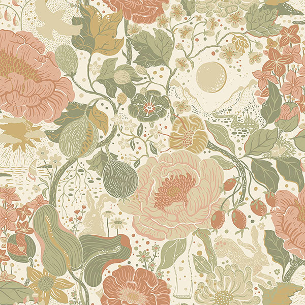 media image for Vaxa Green Rabbits & Rosehips Wallpaper from Briony Collection by Brewster 276