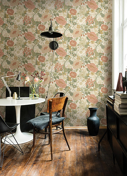 media image for Vaxa Green Rabbits & Rosehips Wallpaper from Briony Collection by Brewster 236