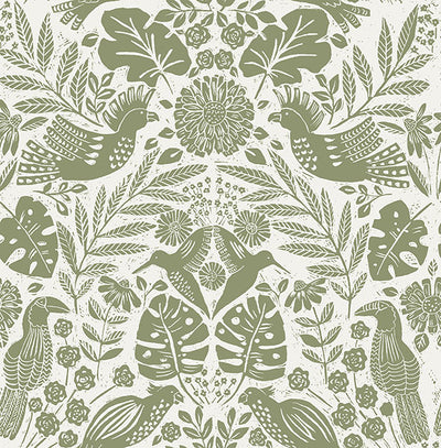product image of Sample Nestle Green Bird Block Print Wallpaper 541