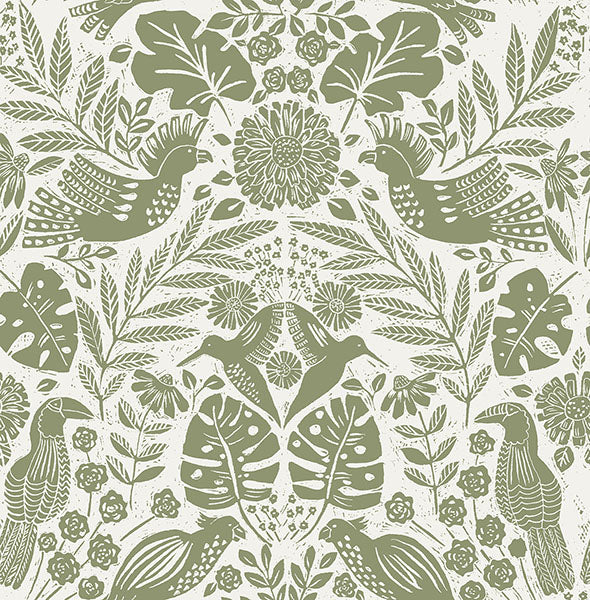 media image for Sample Nestle Green Bird Block Print Wallpaper 248