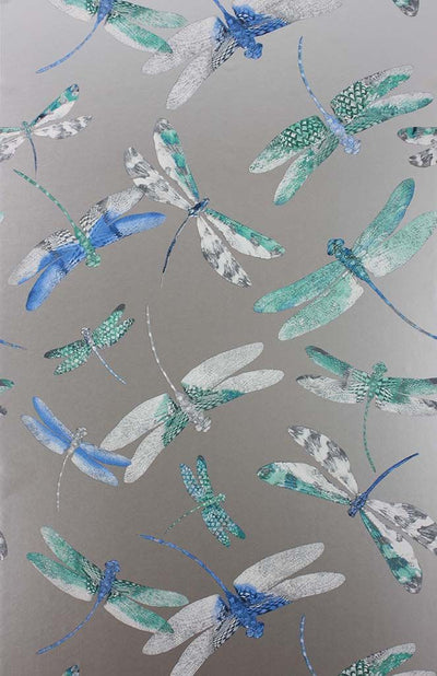 product image of Dragonfly Dance Wallpaper in Blue and Metallic Silver from the Samana Collection by Matthew Williamson 586