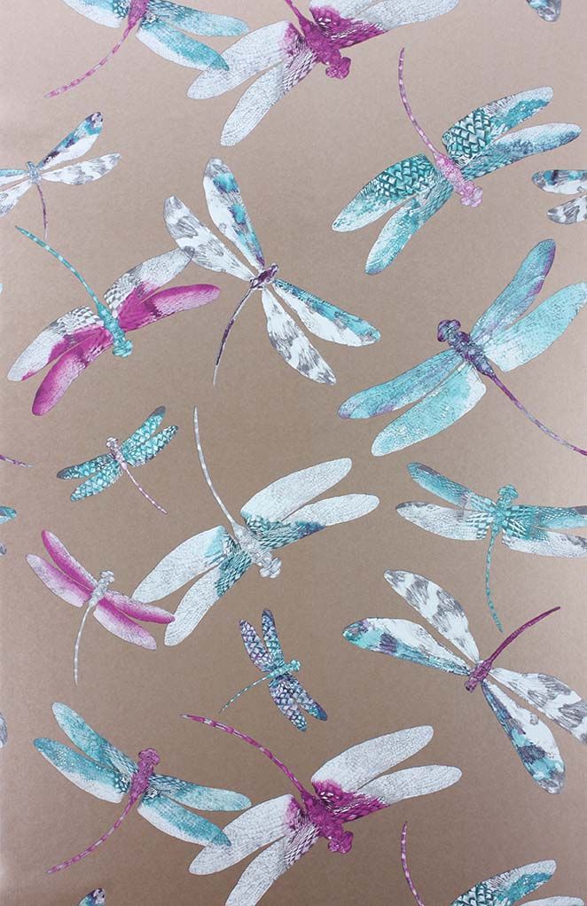 media image for Dragonfly Dance Wallpaper in Plum and metallic copper from the Samana Collection by Matthew Williamson 25