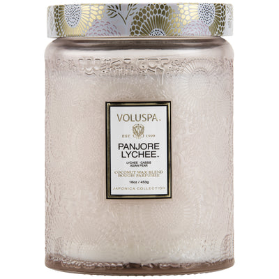product image of Large Embossed Glass Jar Candle in Panjore Lychee design by Voluspa 535