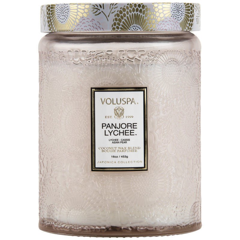 media image for Large Embossed Glass Jar Candle in Panjore Lychee design by Voluspa 249