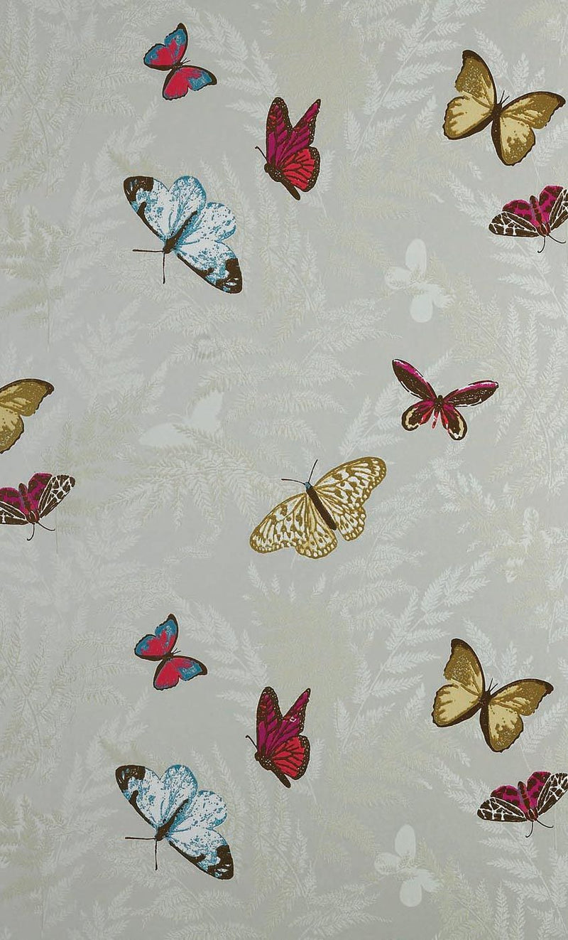 media image for Farfalla Wallpaper in tan background with Brilliantly coloured butterflies from the Lombardia Collection by Nina Campbell 273
