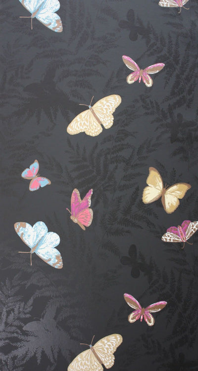 product image of Farfalla Wallpaper in Black background with Brilliantly coloured butterflies from the Lombardia Collection by Nina Campbell 583