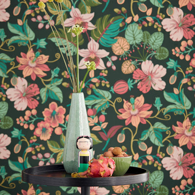 product image for Floral Large-Scale Wallpaper in Green/Raspberry/Coral 64