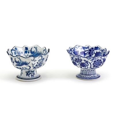 product image for blue and white scalloped edge hand painted footed bowl set of 2 1 90