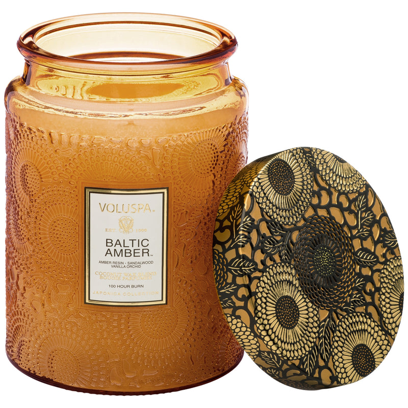 media image for Large Embossed Glass Jar Candle in Baltic Amber design by Voluspa 212