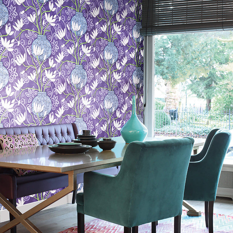 media image for Magnolia Floral Wallpaper in Purple/Lime/Indigo 289