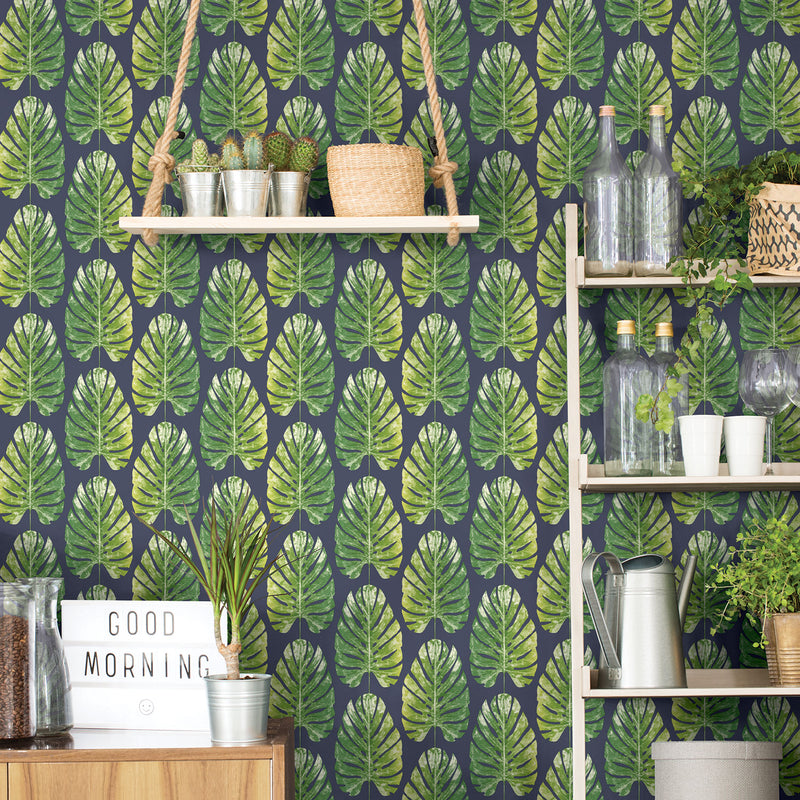 media image for Leaf Stripe Wallpaper in Green/Navy from the Evergreen Collection by Galerie Wallcoverings 221