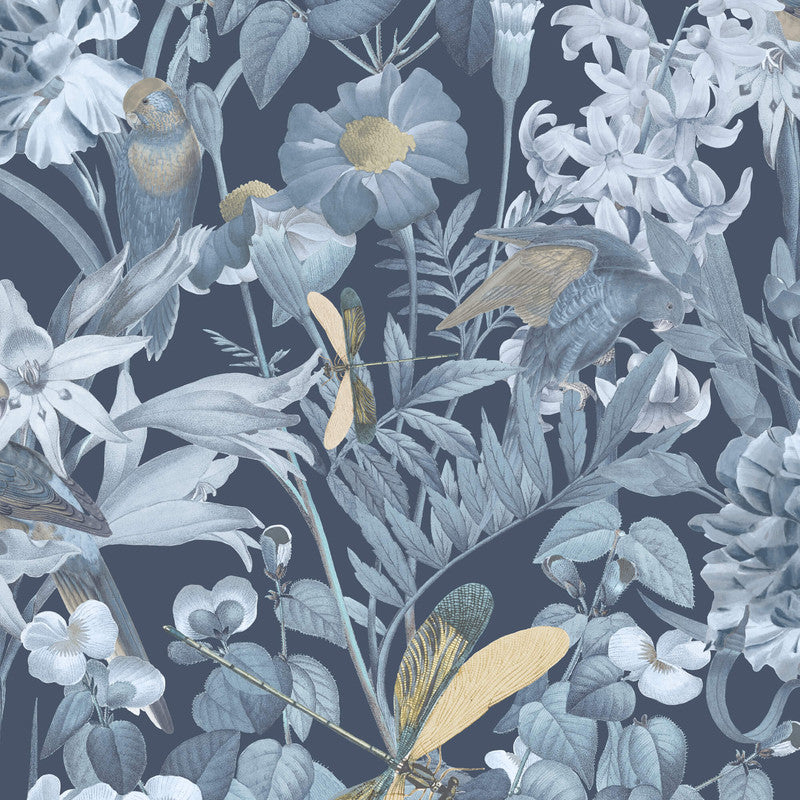 media image for Floral Foliage & Dragonflies Wallpaper in Cerulean Blue 222