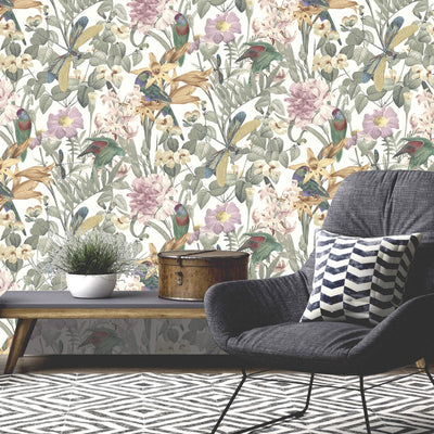 product image for Floral Foliage & Dragonflies Wallpaper in Sage Green 9