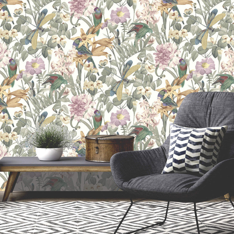 media image for Floral Foliage & Dragonflies Wallpaper in Sage Green 281