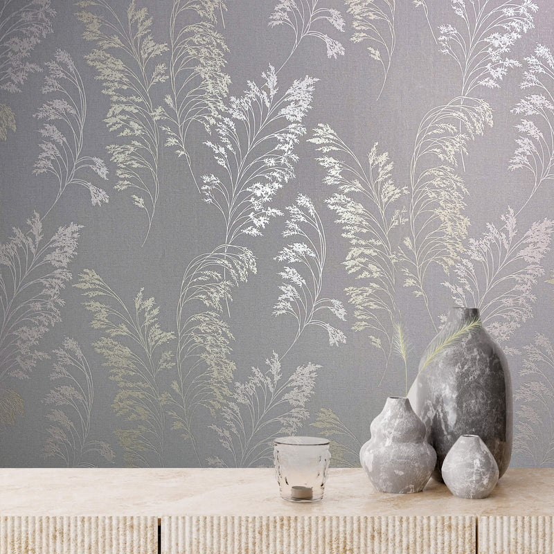 media image for Feather Shrub Wallpaper in Soft Grey/Gold from the Olio Collection 20