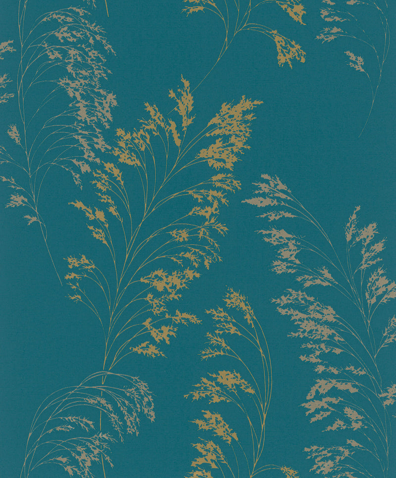 media image for sample feather shrub wallpaper in teal gold from the olio collection 1 284